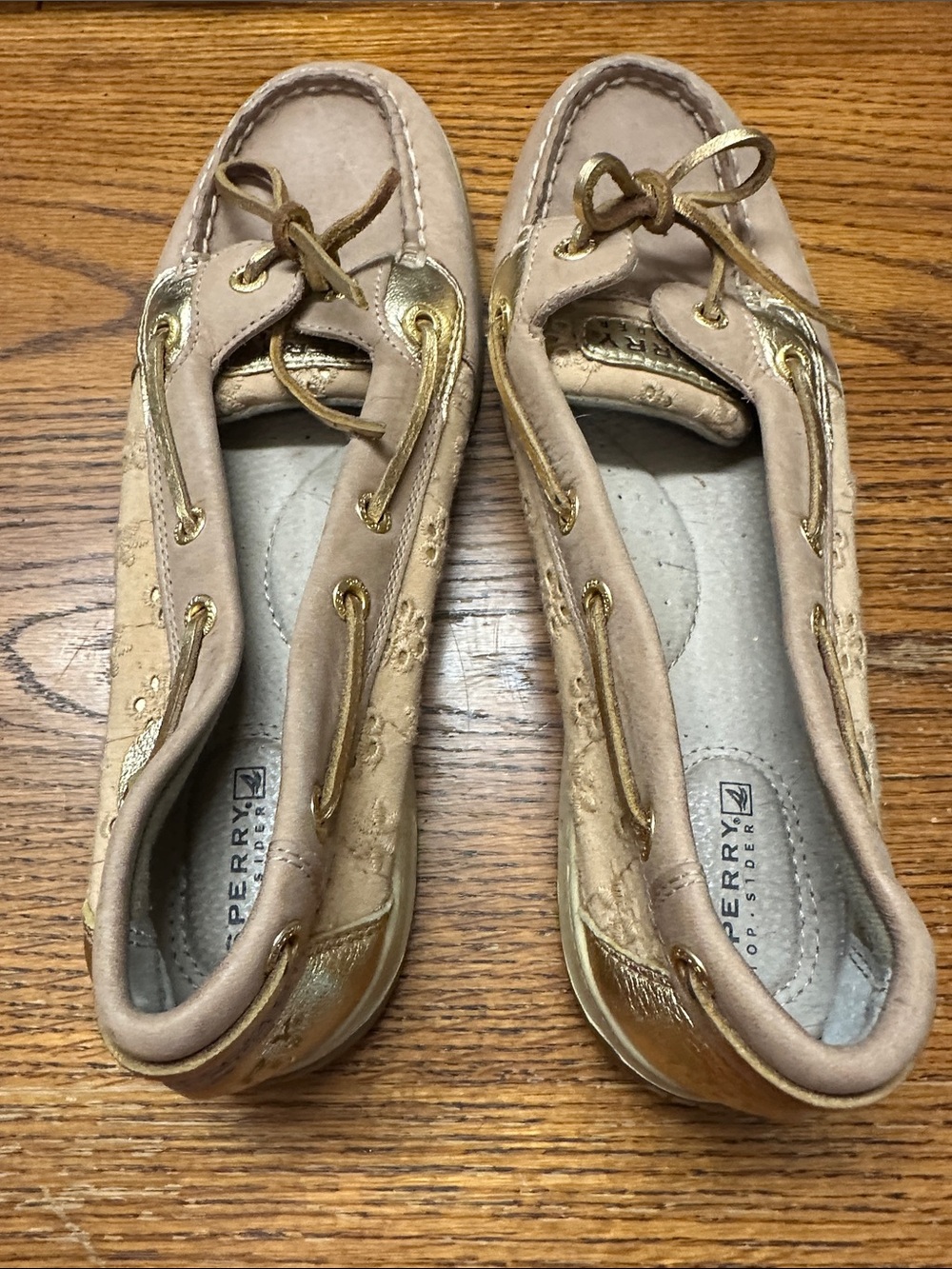 Sperry Taupe and Gold Leather Boat Loafers - Picture 3 of 7